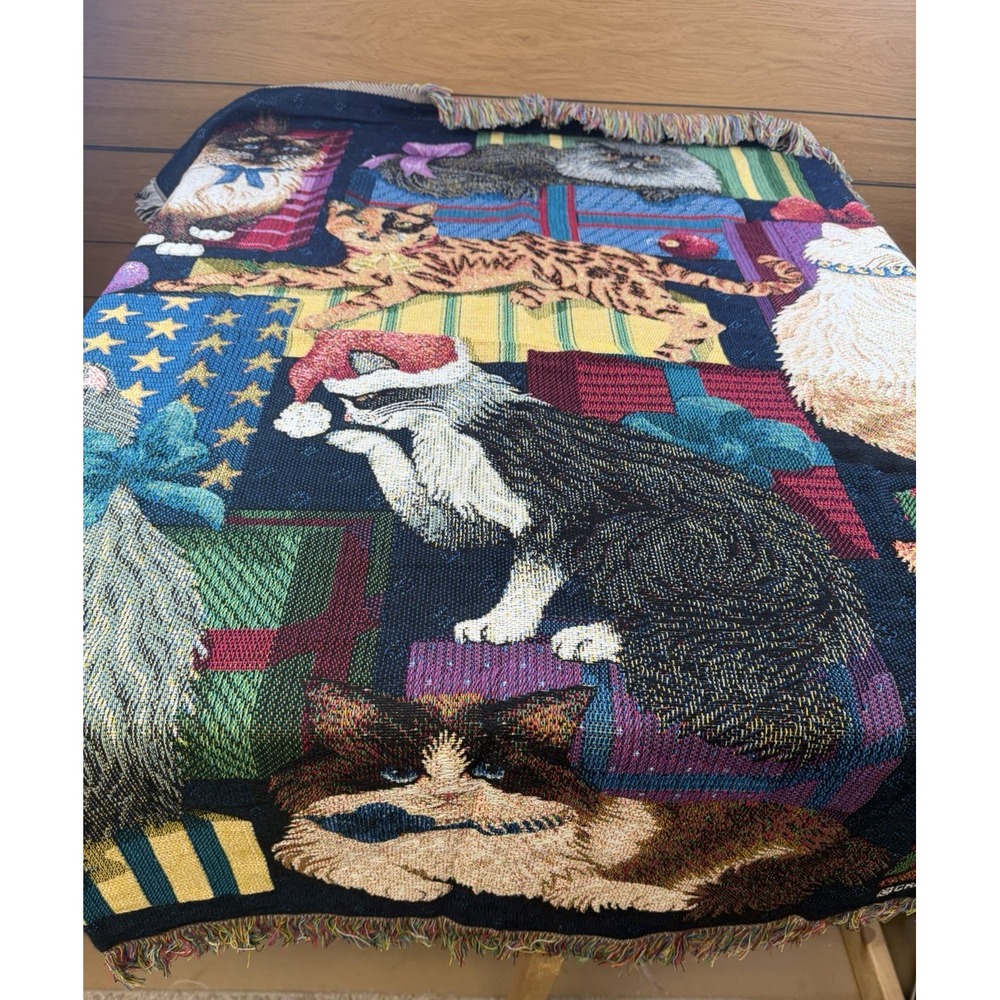 VTG 90's Crown Crafts Christmas Cats Tapestry Throw Blanket Acrylic fringe NWOT